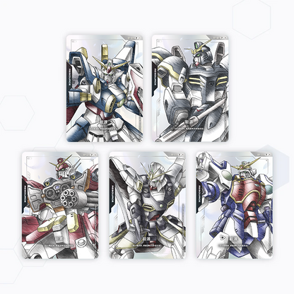 Five Gundam Card Game resource cards featuring detailed illustrations of Mobile Suit Gundam Wing mechs in a Chinese edition.