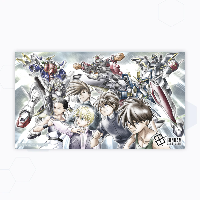 Gundam Card Game playmat featuring Mobile Suit Gundam Wing characters and mechs in a detailed, vibrant illustration.
