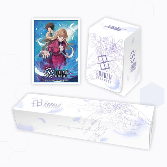 Gundam Card Game PB-01 set featuring a character-illustrated card sleeve, a white deck case, and a long storage box with Wing Gundam line art.