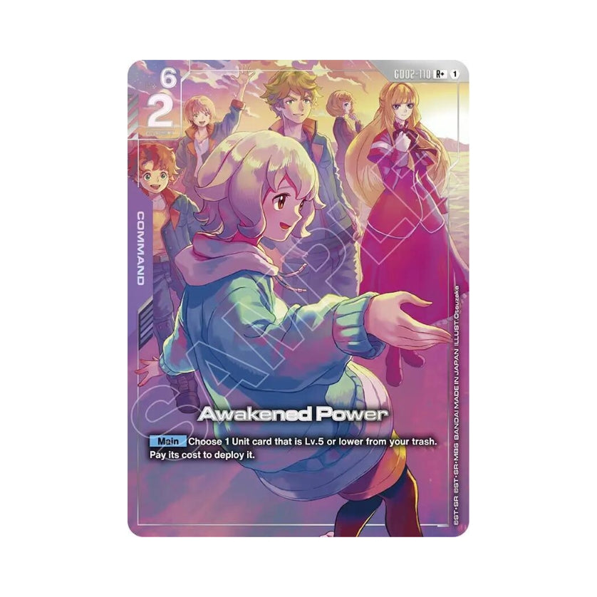 Awakened Power Gundam card featuring a group of anime characters in a vibrant, sunset-toned illustration.
