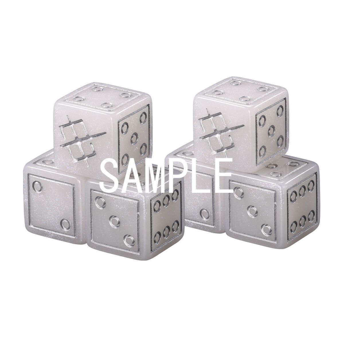 Six translucent white acrylic dice for the Gundam Card Game, featuring silver-colored pips and custom etched designs.
