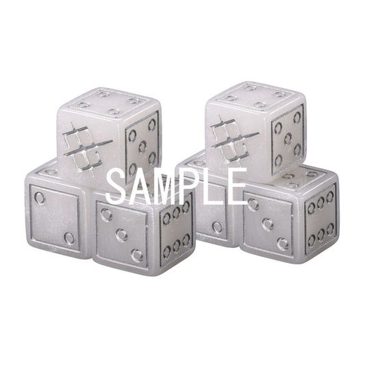 Six translucent white acrylic dice for the Gundam Card Game, featuring silver-colored pips and custom etched designs.