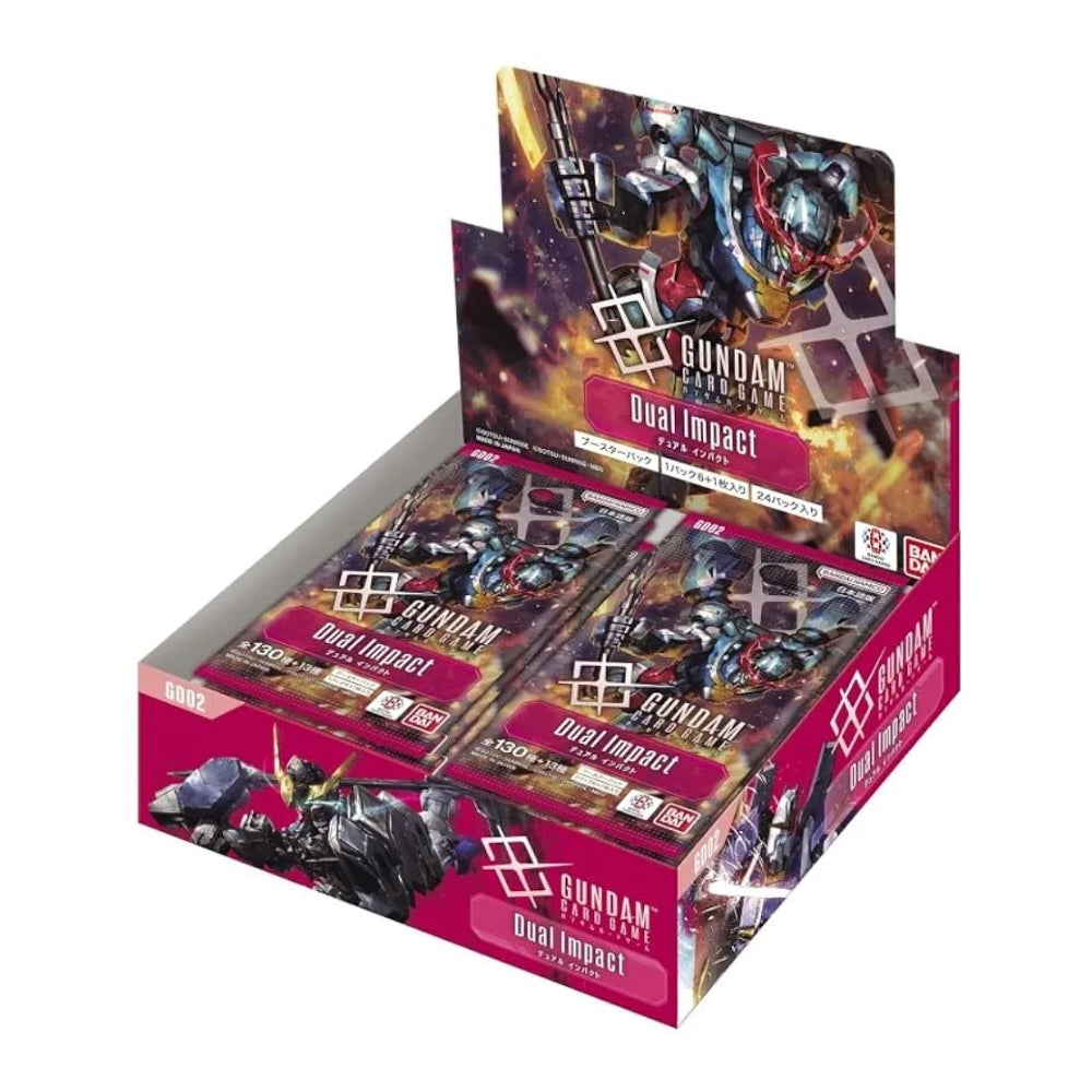 Gundam Card Game Dual Impact booster box in magenta packaging with Japanese text and illustrated mobile suit artwork.
