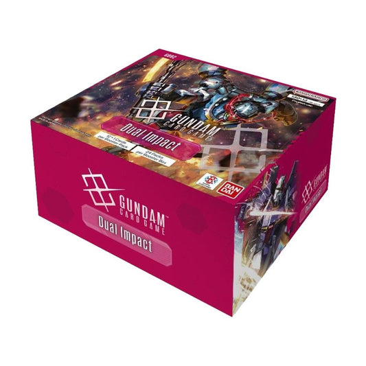 Magenta Gundam Card Game Dual Impact booster box featuring mecha artwork and Bandai logos on a white background.