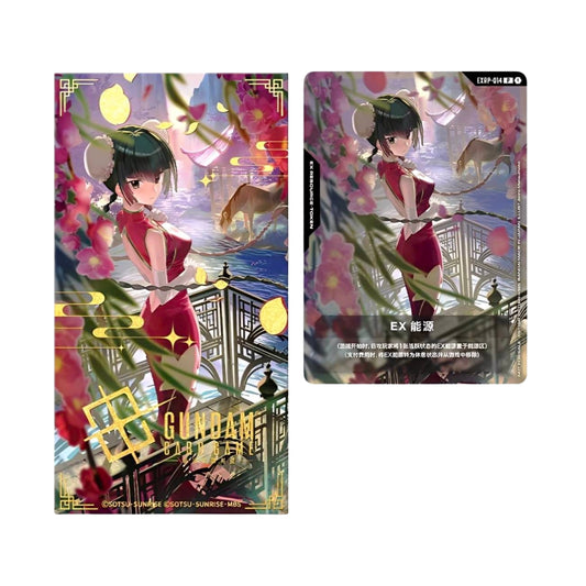 Gundam Card Game EX Resource Wang Liu Mei card featuring a girl in a red dress amidst pink flowers and a garden scene.