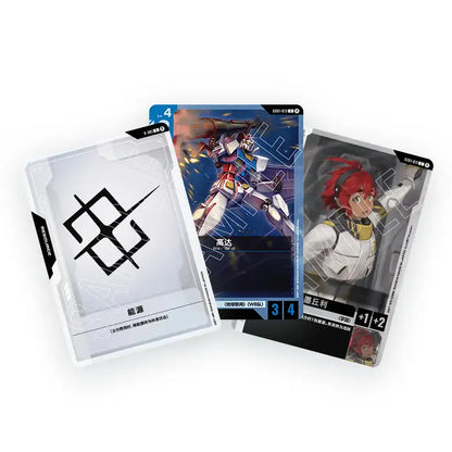 Three Gundam Card Game cards featuring a resource card, an RX-78-2 mobile suit, and a red-haired pilot character.