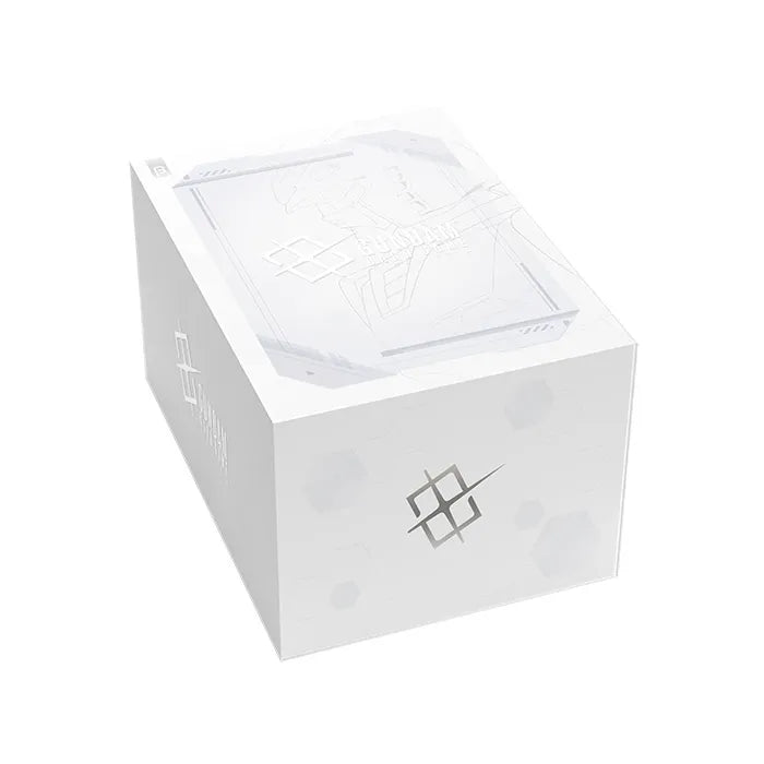 White Gundam Card Game Edition Beta box featuring a minimalist design with a subtle embossed logo and geometric patterns.