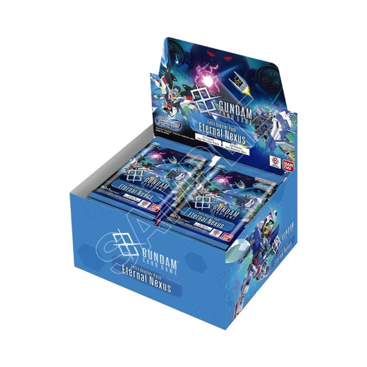 Gundam Card Game Eternal Nexus booster box in blue packaging with illustrated Mobile Suit characters and 24 booster packs.