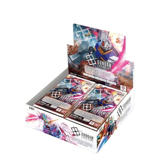 Gundam Card Game Newtype Rising booster box featuring colorful mobile suit artwork and Japanese branding on sealed packs.