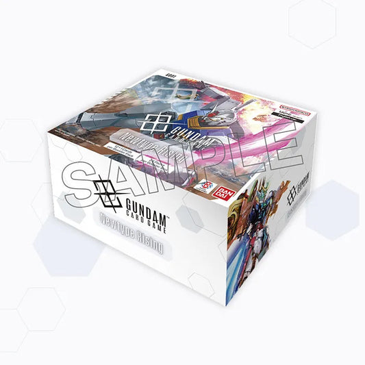 Gundam Card Game Newtype Rising booster box featuring colorful mobile suit artwork on a white display case.