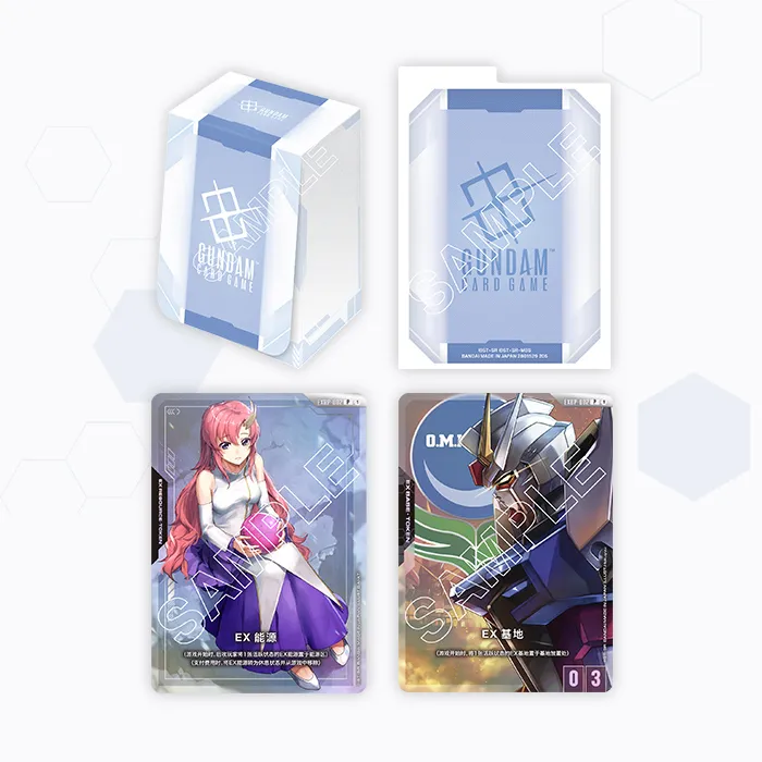 Gundam Card Game deck case set in light blue with a divider, Lacus Clyne EX Resource card, and Strike Gundam EX Base card.