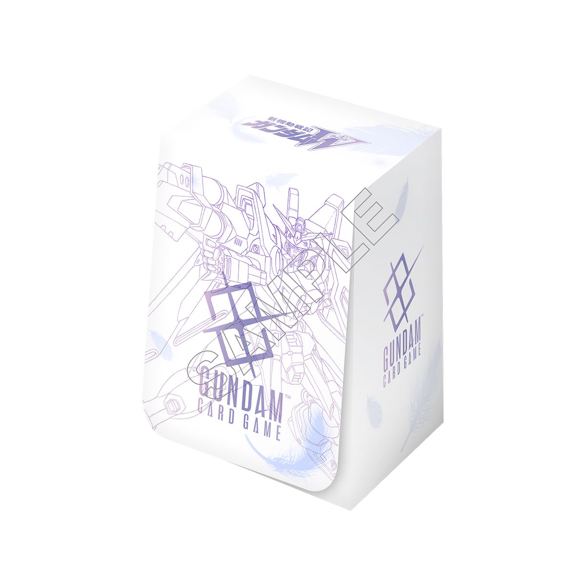 White Gundam Wing deck case with purple line art, featuring a Wing Gundam illustration, logo, and included divider.