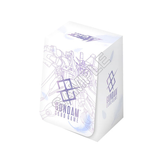 White Gundam Wing deck case with purple line art, featuring a Wing Gundam illustration, logo, and included divider.
