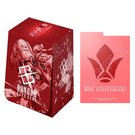 Red Gundam Iron-Blooded Orphans deck case with character art and a matching pink divider for 60-card storage.