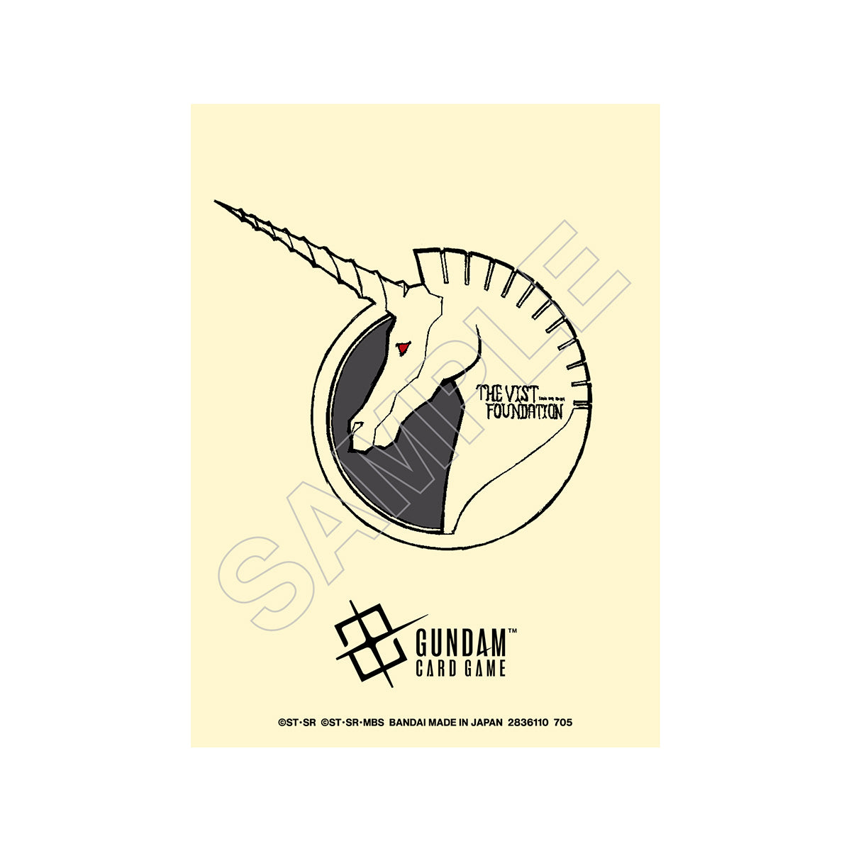 Gundam Card Game matte sleeve featuring a white Unicorn Gundam Vist Foundation logo on a cream background.