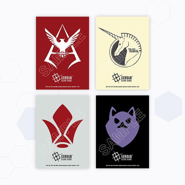 Four Gundam Card Game matte sleeves featuring red, cream, grey, and black designs with iconic faction emblems.