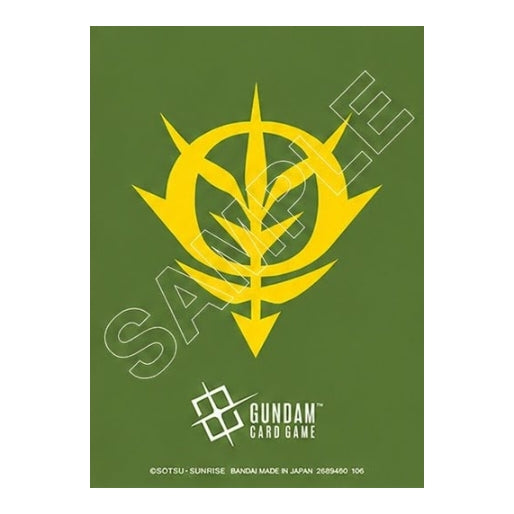 Olive green matte card sleeve featuring a large yellow Zeon emblem and the official Gundam Card Game logo.