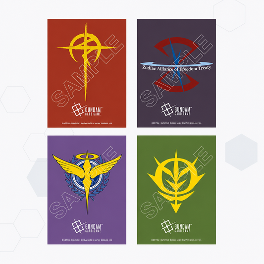 Set of 70 matte Gundam Card Game sleeves featuring four distinct faction emblems in red, dark gray, purple, and green.