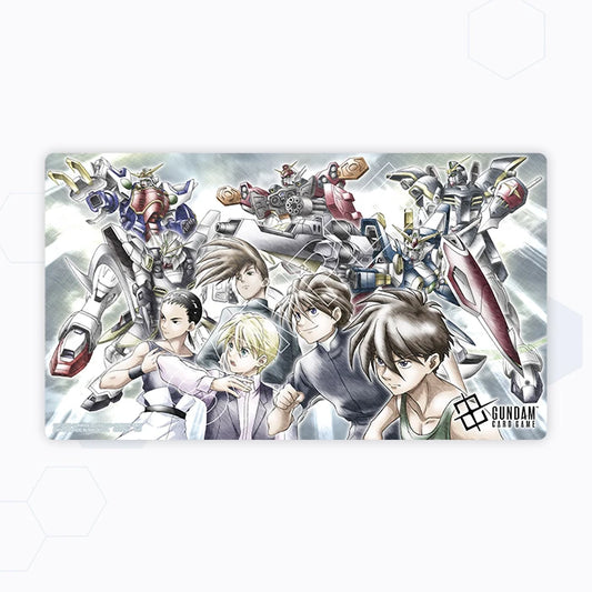 Gundam Wing polyester and rubber playmat, 33x61cm, featuring anime pilots and mobile suits in a detailed illustration.