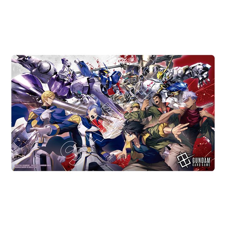 Gundam Iron-Blooded Orphans playmat featuring character and mecha art on a 33x61cm polyester and natural rubber surface.