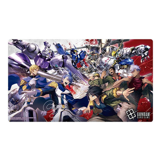 Gundam Iron-Blooded Orphans playmat featuring character and mecha art on a 33x61cm polyester and natural rubber surface.