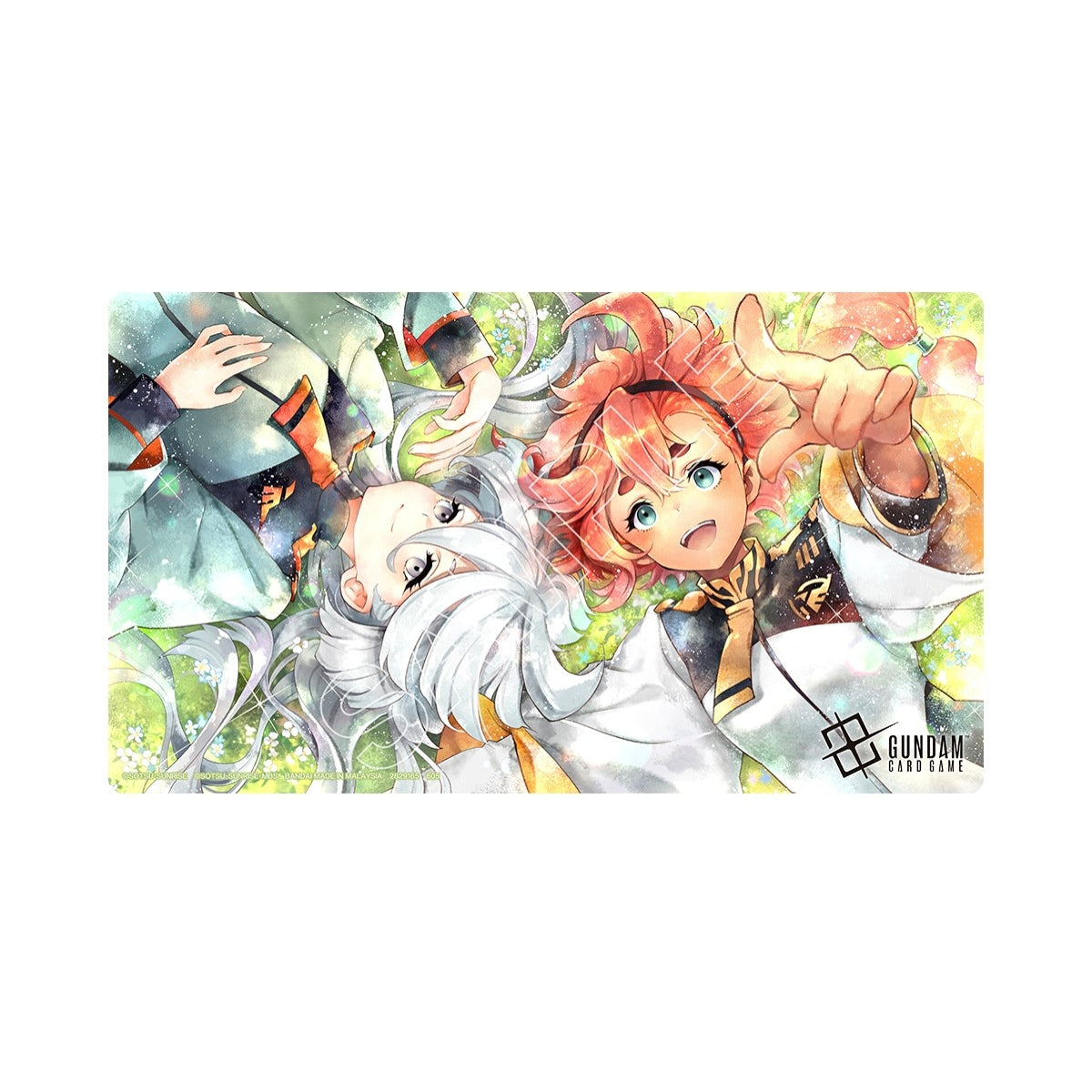 Gundam Card Game playmat featuring Suletta and Miorine on a 33x61cm polyester and natural rubber surface.