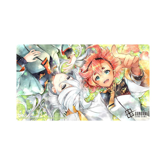 Gundam Card Game playmat featuring Suletta and Miorine on a 33x61cm polyester and natural rubber surface.