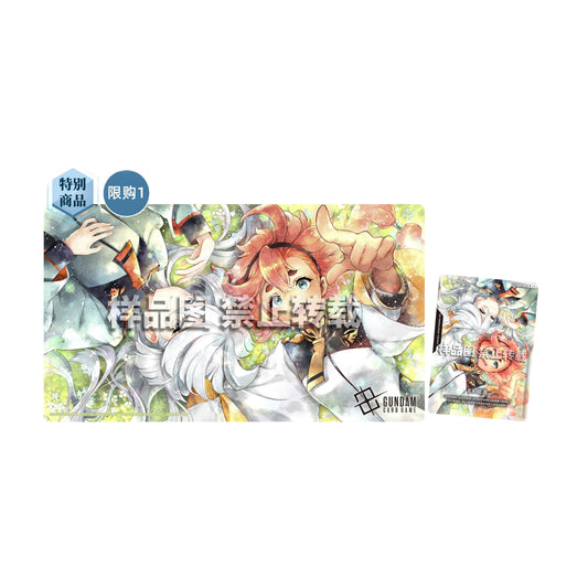 Gundam Card Game playmat featuring Suletta and Miorine, 33x61cm polyester and rubber mat with vibrant floral design.