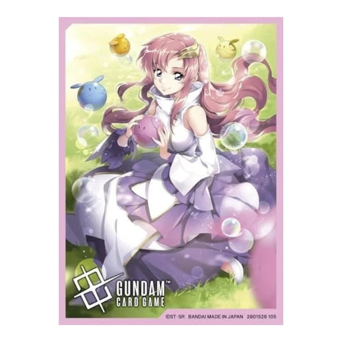 Gundam Card Game protective sleeve featuring a pink-haired anime girl with Haro robots in a lavender and green setting.