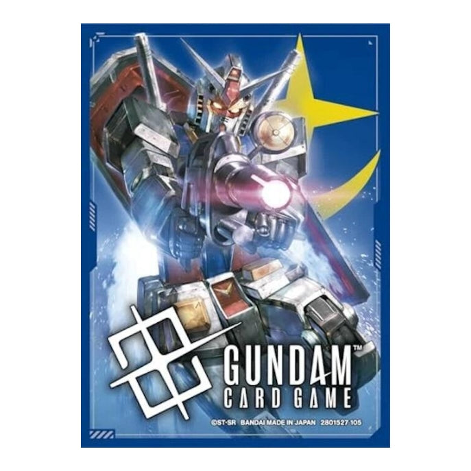 Gundam Card Game protective sleeve featuring a blue background, a detailed Gundam illustration, and the official logo.