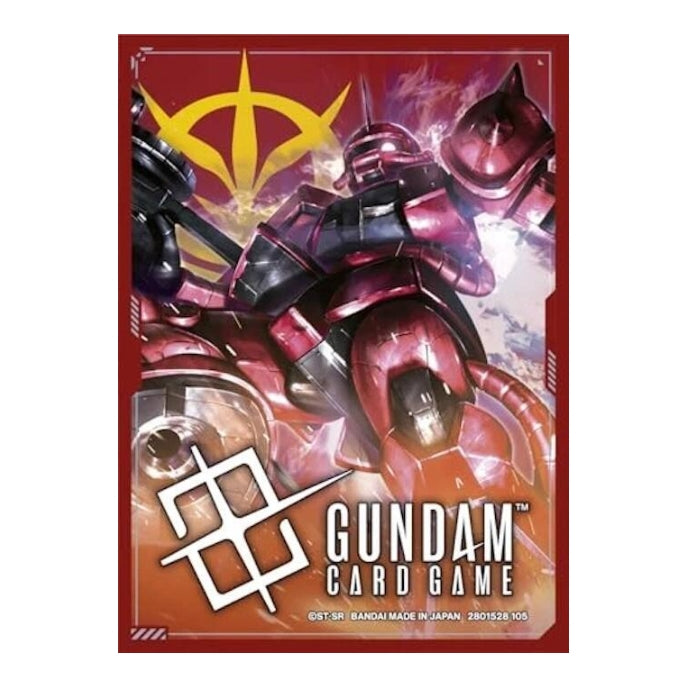 Gundam Card Game protective sleeve featuring a red Zaku mobile suit illustration with a yellow Zeon emblem on a red background.
