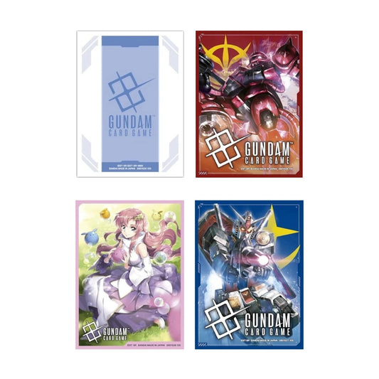 Set of 70 protective Gundam Card Game sleeves featuring red, blue, and character-themed anime illustrations.