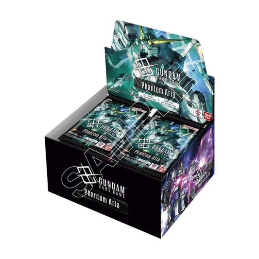 Gundam Card Game Phantom Aria booster box featuring teal and black packaging with Mobile Suit illustrations.