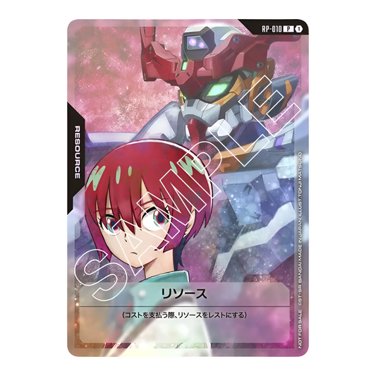 Gundam Card Game Resource card RP-010 featuring a red-haired anime character and a mechanical robot in a pink nebula.