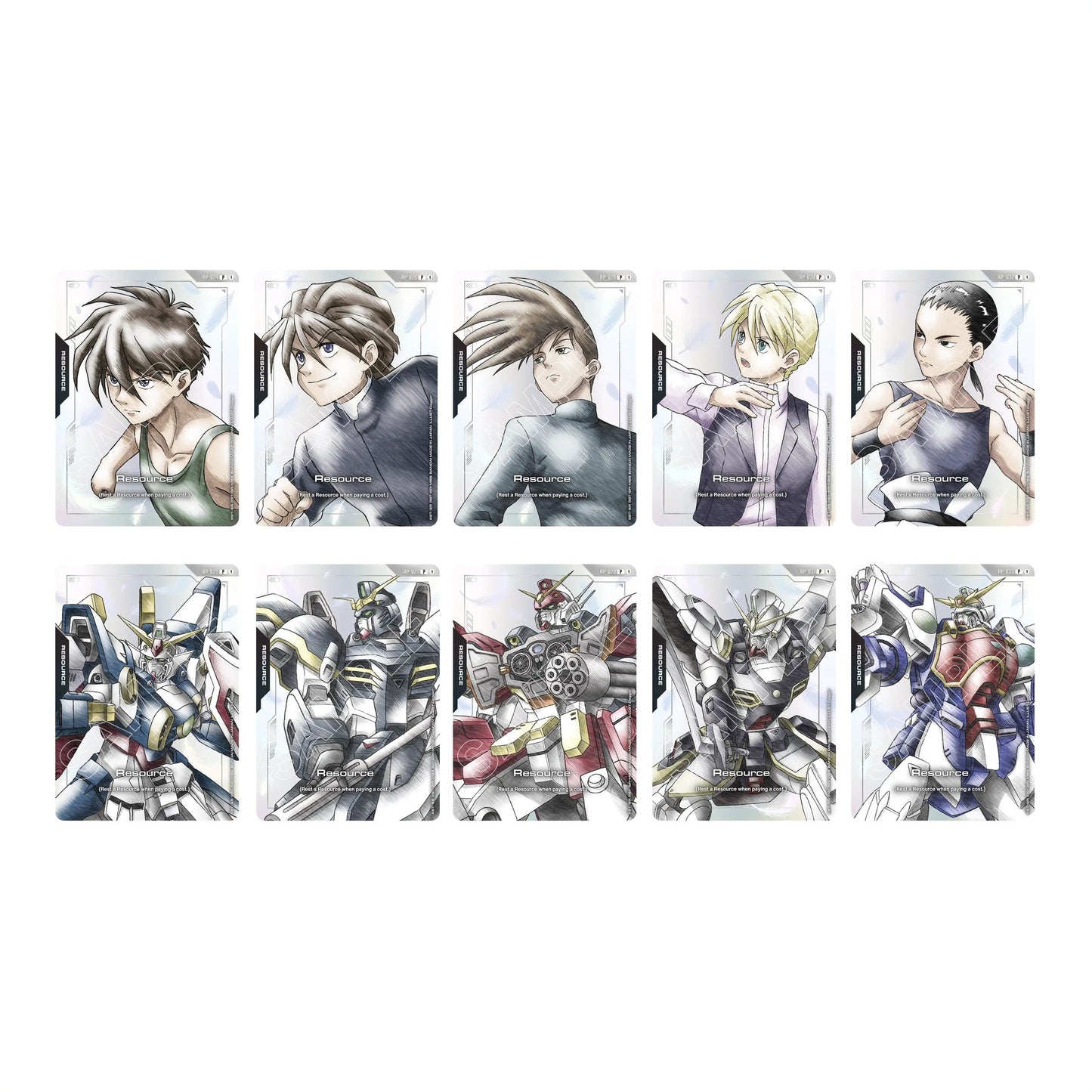 Ten Gundam Card Game resource cards featuring anime character portraits and detailed mecha illustrations in a sleek style.