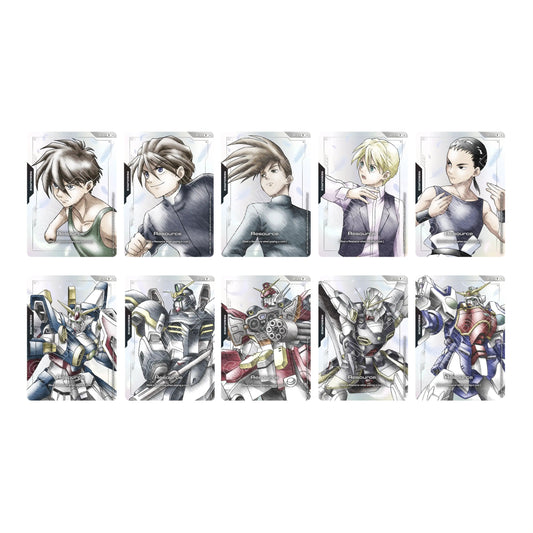 Ten Gundam Card Game resource cards featuring anime character portraits and detailed mecha illustrations in a sleek style.