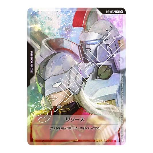 Gundam Card Game Resource card RP-002 featuring Zechs Merquise in a red uniform with a Tallgeese mobile suit background.