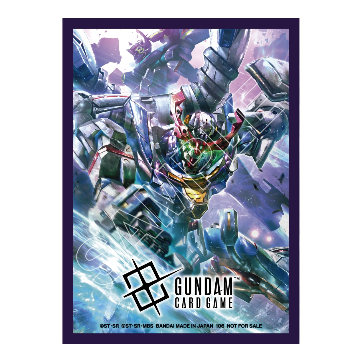 Gundam Card Game protective sleeve featuring dynamic mecha art, a purple border, and the official logo on a 10-pack set.