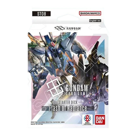Gundam Card Game ST08 Flash of Radiance starter deck box featuring Xi Gundam and Penelope mobile suit artwork.