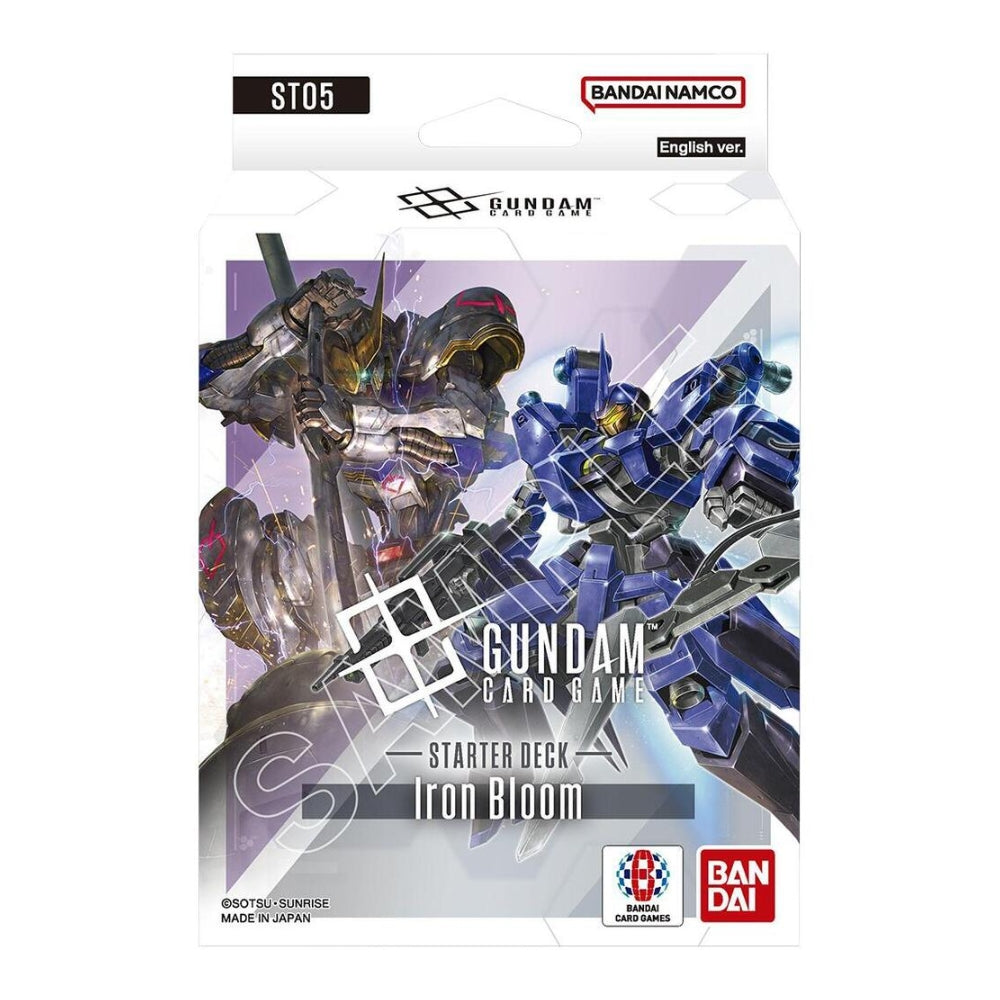 Gundam Card Game Iron Bloom ST05 starter deck box featuring Barbatos and blue mobile suit illustrations.
