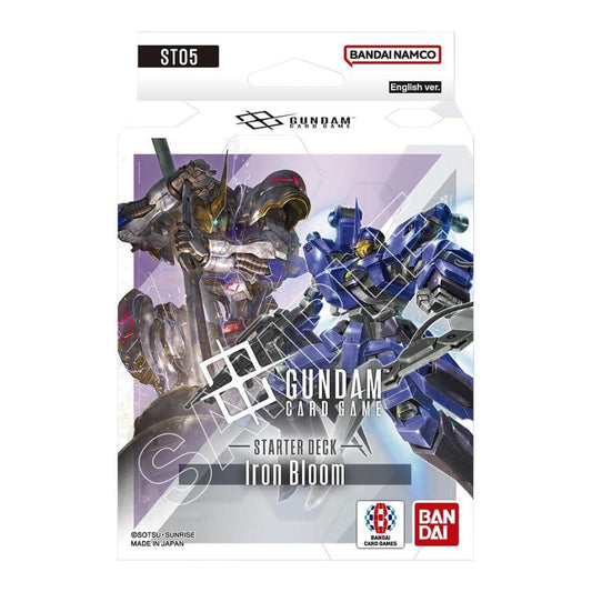 Gundam Card Game Iron Bloom ST05 starter deck box featuring Barbatos and blue mobile suit illustrations.