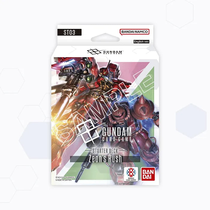 Gundam Card Game ST03 Zeon's Rush starter deck box featuring red mobile suit artwork and Bandai Namco branding.