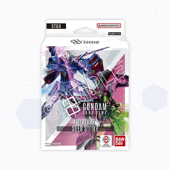 Gundam Card Game ST04 SEED Strike starter deck box featuring blue and pink mecha illustrations on white packaging.