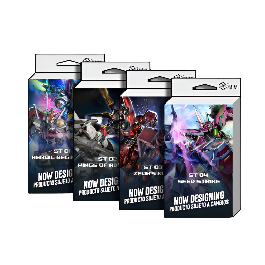 Four Gundam Card Game starter deck boxes featuring colorful mecha illustrations and Now Designing text labels.