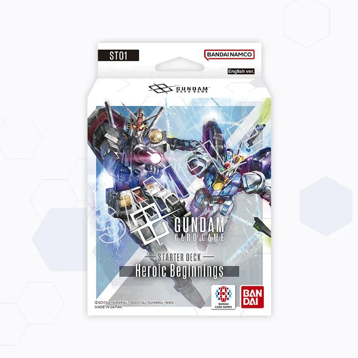 Gundam Card Game ST01 Heroic Beginnings starter deck box featuring dynamic mecha illustrations on a white background.