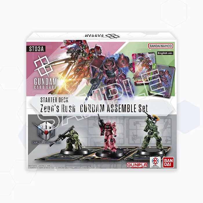 Gundam Card Game ST03A Zeon's Rush starter deck box featuring Zaku mobile suit illustrations and three Gunpla miniatures.