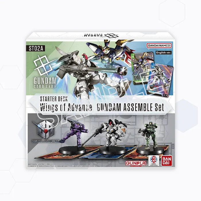 Gundam Card Game ST02A Wings of Advance starter deck box featuring three Gunpla miniatures and collectible game cards.