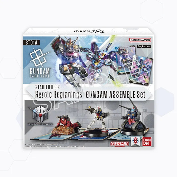 Gundam Card Game ST01A Starter Deck box featuring heroic robot illustrations, game cards, and three Gunpla miniatures.