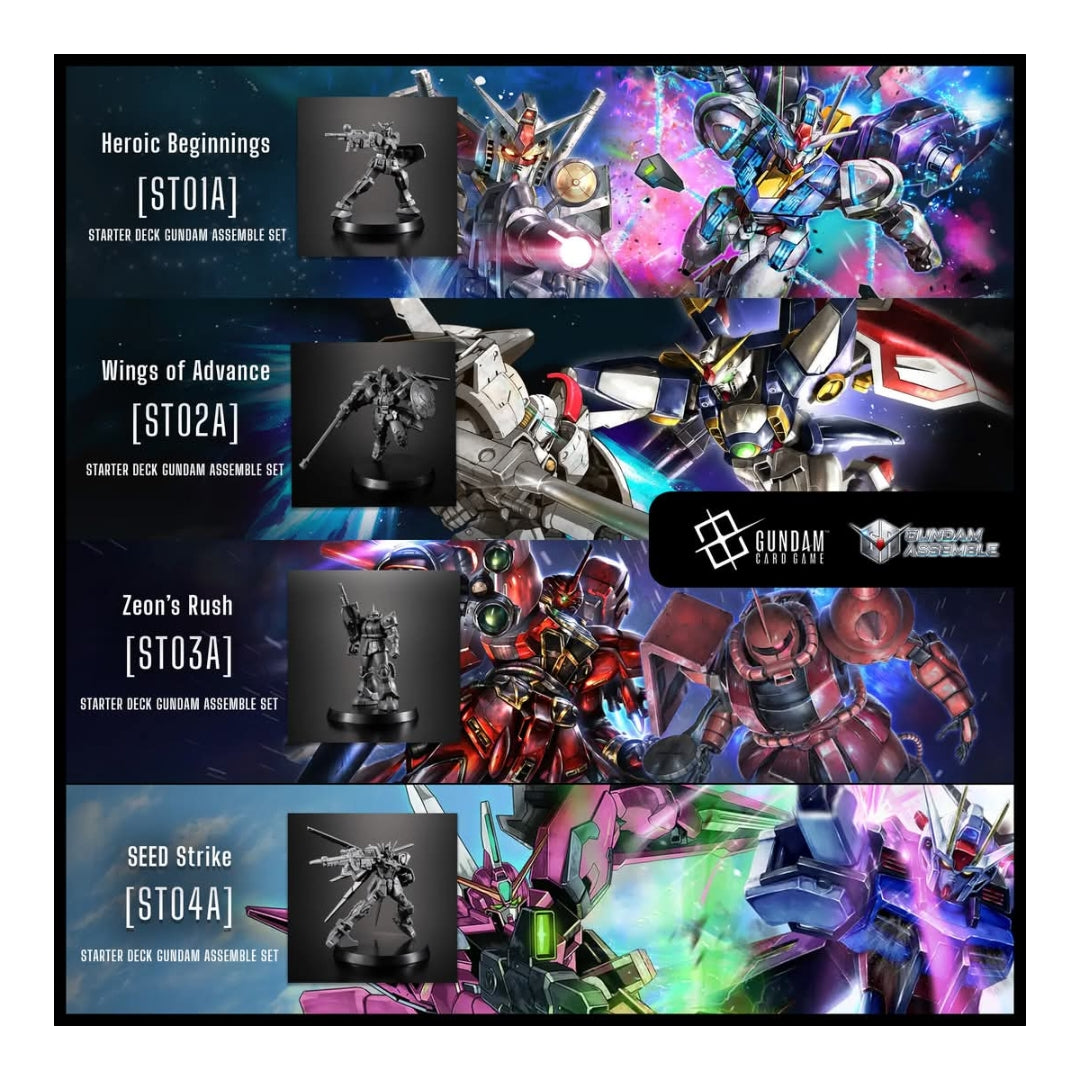 Gundam Card Game starter decks ST01A-ST04A featuring colorful mecha illustrations and detailed gray Gunpla miniatures.