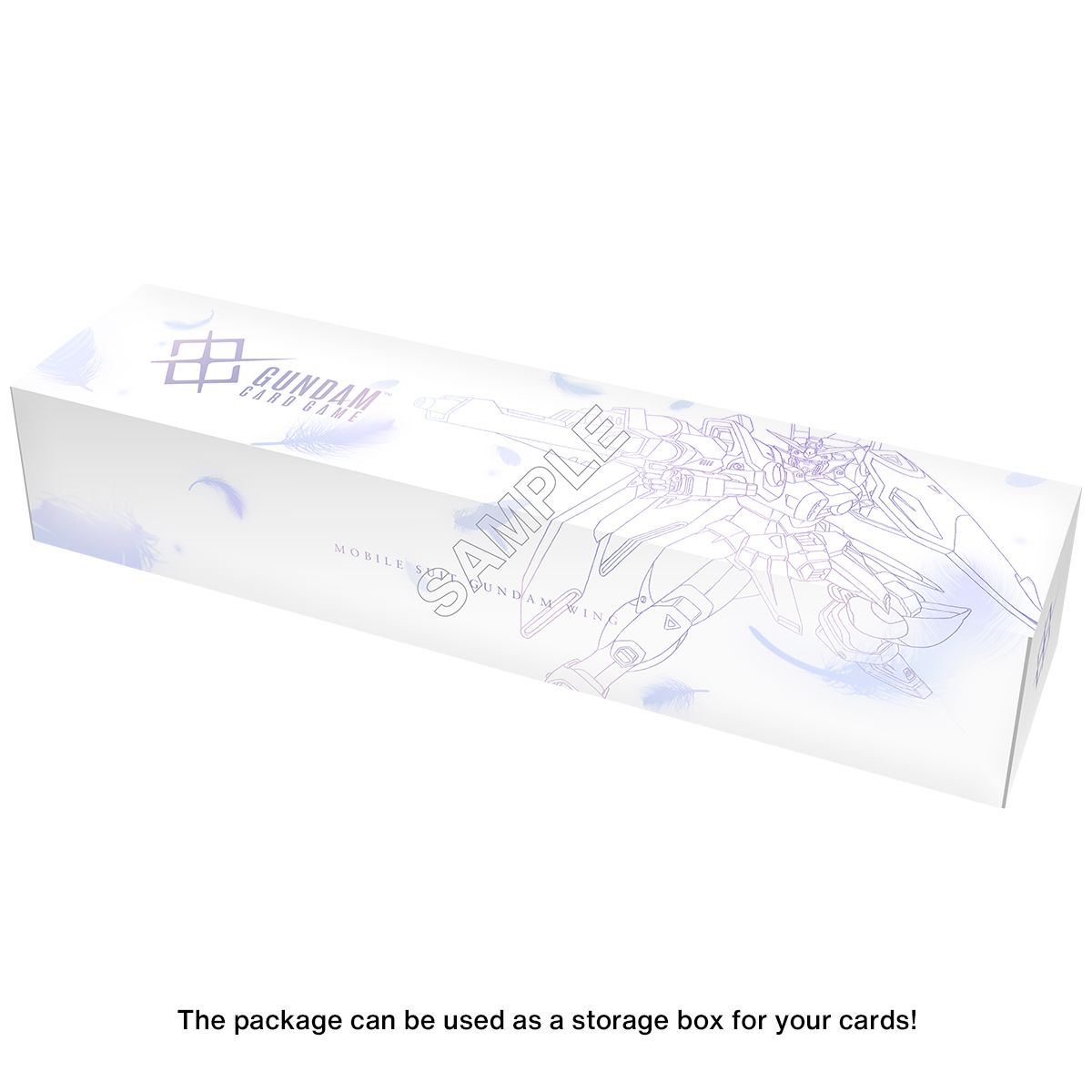 White cardboard Gundam Wing storage box featuring purple line art of the Wing Gundam and floating feather accents.